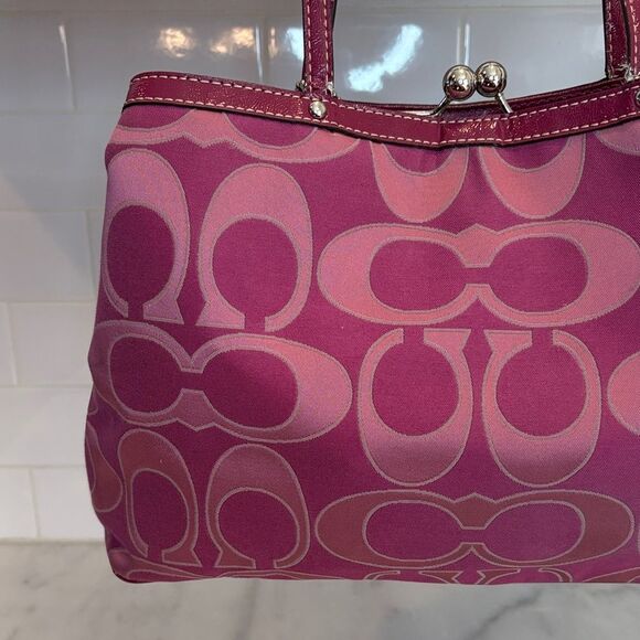 Coach Bag Purse Handbag Signature Stripe Kiss Lock Carryall Satchel Tote Bag - Picture 5 of 16